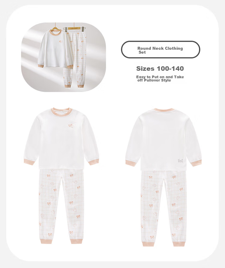 Labi Baby Children's Underwear Set, Boys And Girls Four Seasons Pajamas, Big Kids Autumn Clothes And Pants, Shoulder Opening Off-White, Size 90 24