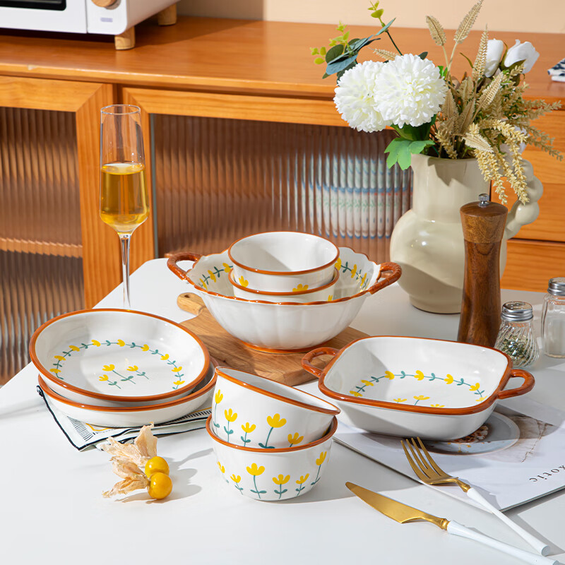 CERAMICS Underglaze Ceramic Bowl And Plate Dinnerware Set, Simple Home Dining Set with Rice Bowls, Plates, Chopsticks And Complete Tableware Set, Mountain Chrysanthemum Pattern, 8 Pieces