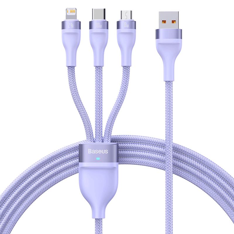 Baseus Three-In 100W/66W Data Cable, 6A Fast Charging Adapter Cord, Type-C Compatible with IPhone 15/14/13 Pro, Xiaomi, Huawei, One-To Car Charger