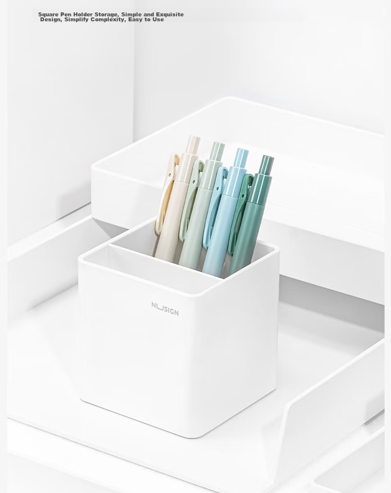 Deli Simple Grid Pen Holder, Office Desktop Storage Box, Non-Slip Base, Thickened Double-Compartment Cosmetic Organizer, Office Supplies, Ivory White NS011 4
