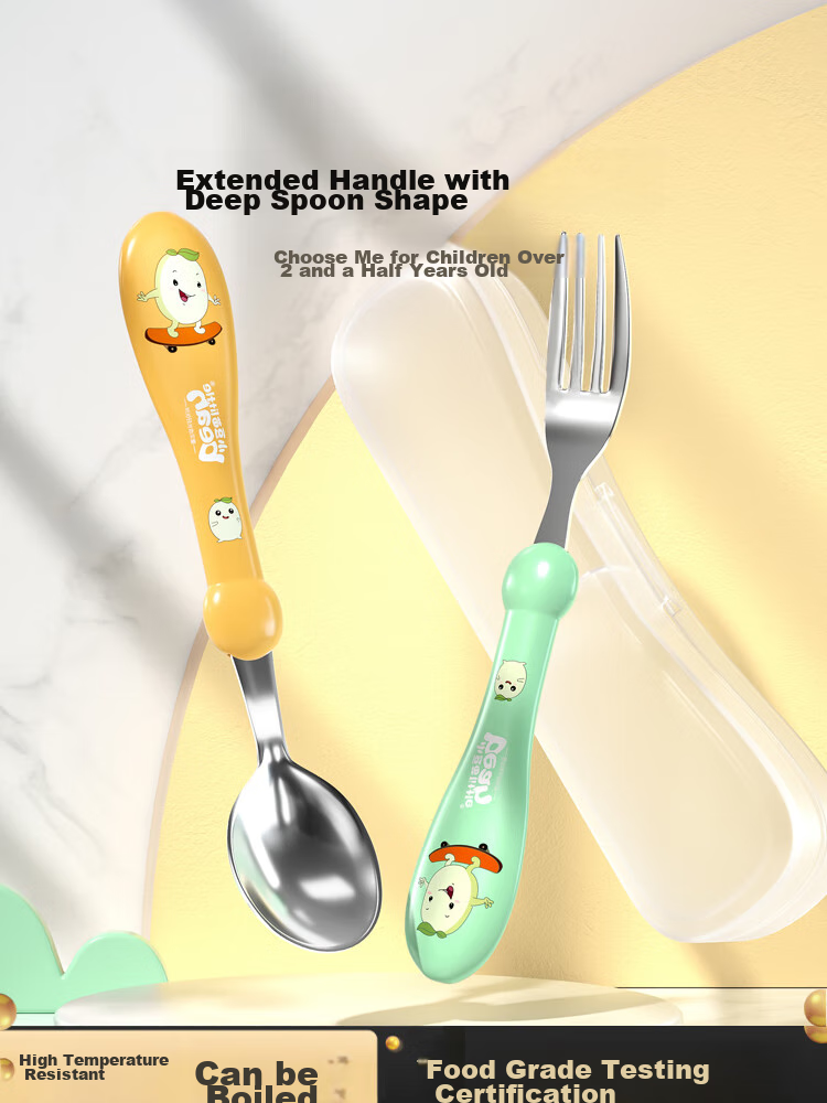 COOKSS Children's Spoon Set, Baby Training Feeding Utensils, 316 Stainless Steel, for Ages 2-8, Infant Supplementary Food Spoons, Tableware, Green + Box 1