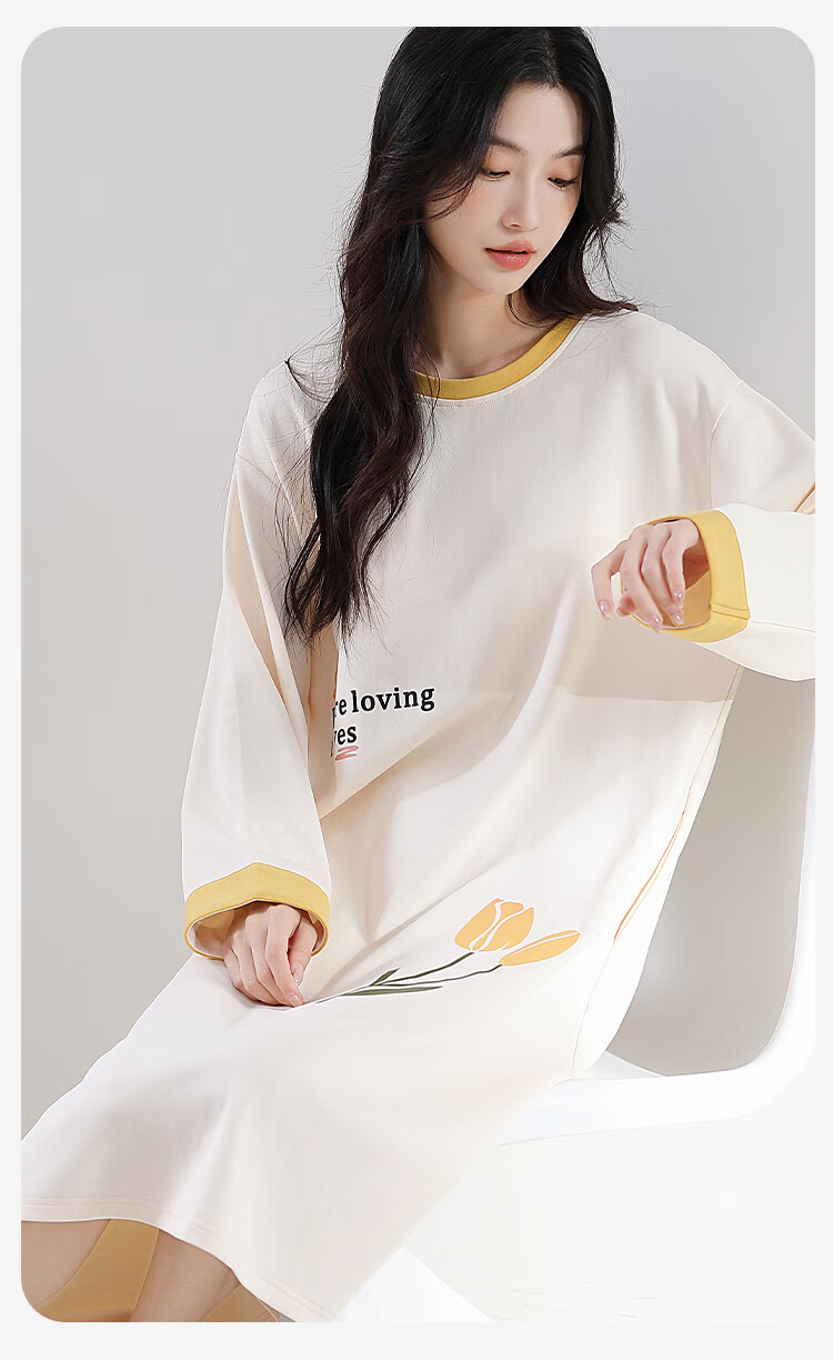 Miiow Women's 100% Cotton Long Sleeve Solid Color Sleepwear with Chest Pad Simple Loose Nightdress Homewear Blue 2XL 20