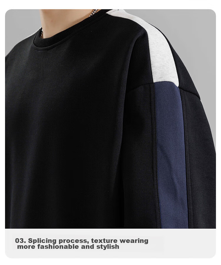Foss Phil Crew Neck Sweatshirt for Men, Spring And Autumn Loose Casual Patchwork Color-Block Trendy T-Shirt Top 8883 Black M 16