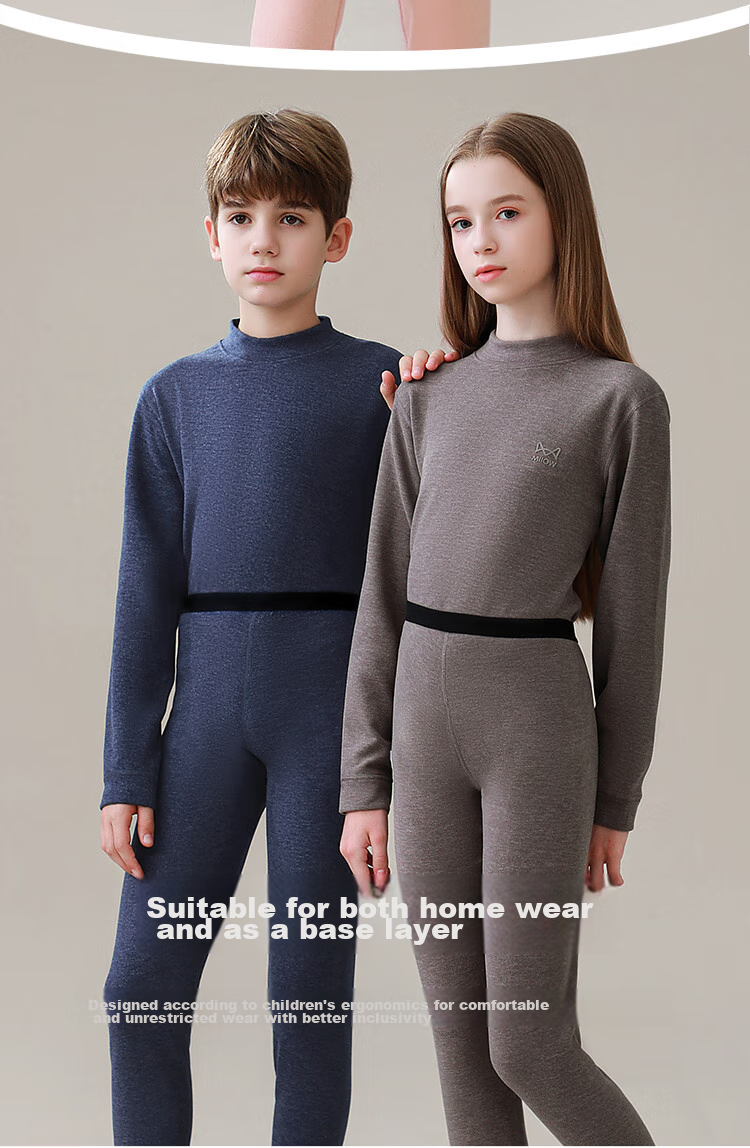 MiiOW Children's Thermal Underwear Set, Autumn And Winter Boys' Undershirt And Pants, Base Layer Pajamas, Loungewear, Light Gray, Size 160 20