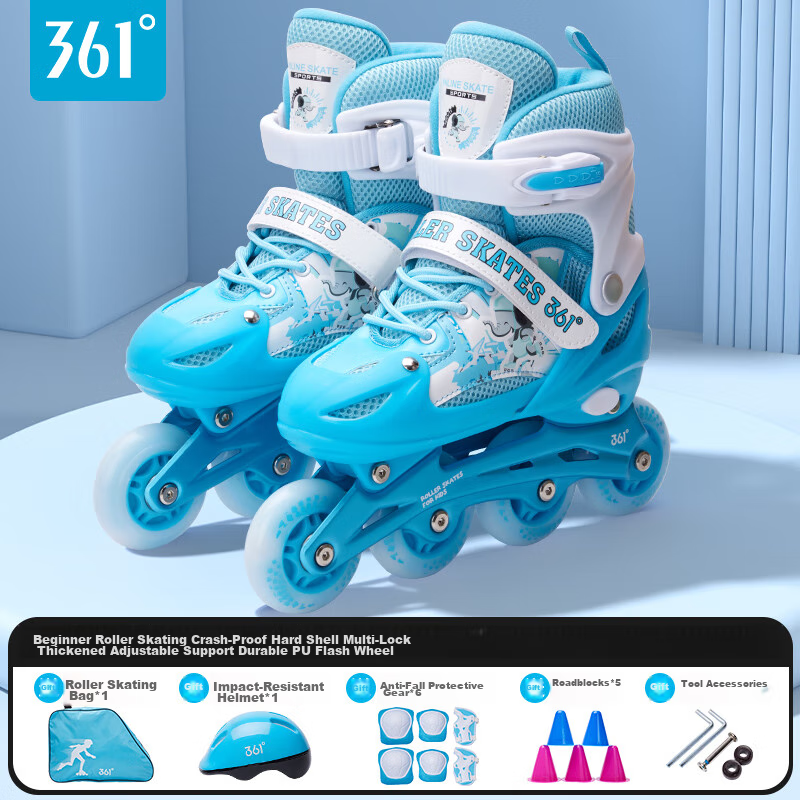361° Children's Roller Skates for Beginners, Elementary And Middle School Boys And Girls, Inline Skates with Flashing Wheels, Roller Skating Set, Blue, Size L