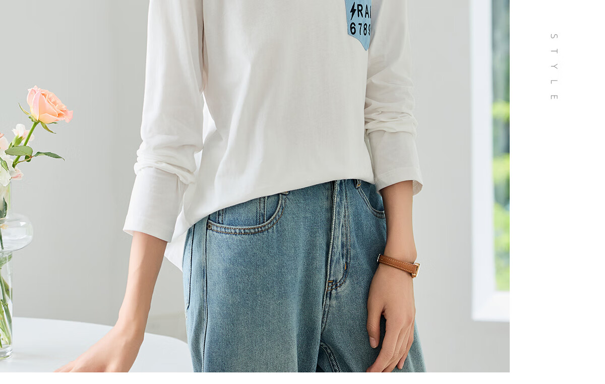 Chushen Spring And Autumn Long-Sleeve T-Shirt for Women, Versatile Letter Patchwork Round Neck Base Shirt, Casual Loose Top S143T2014 10