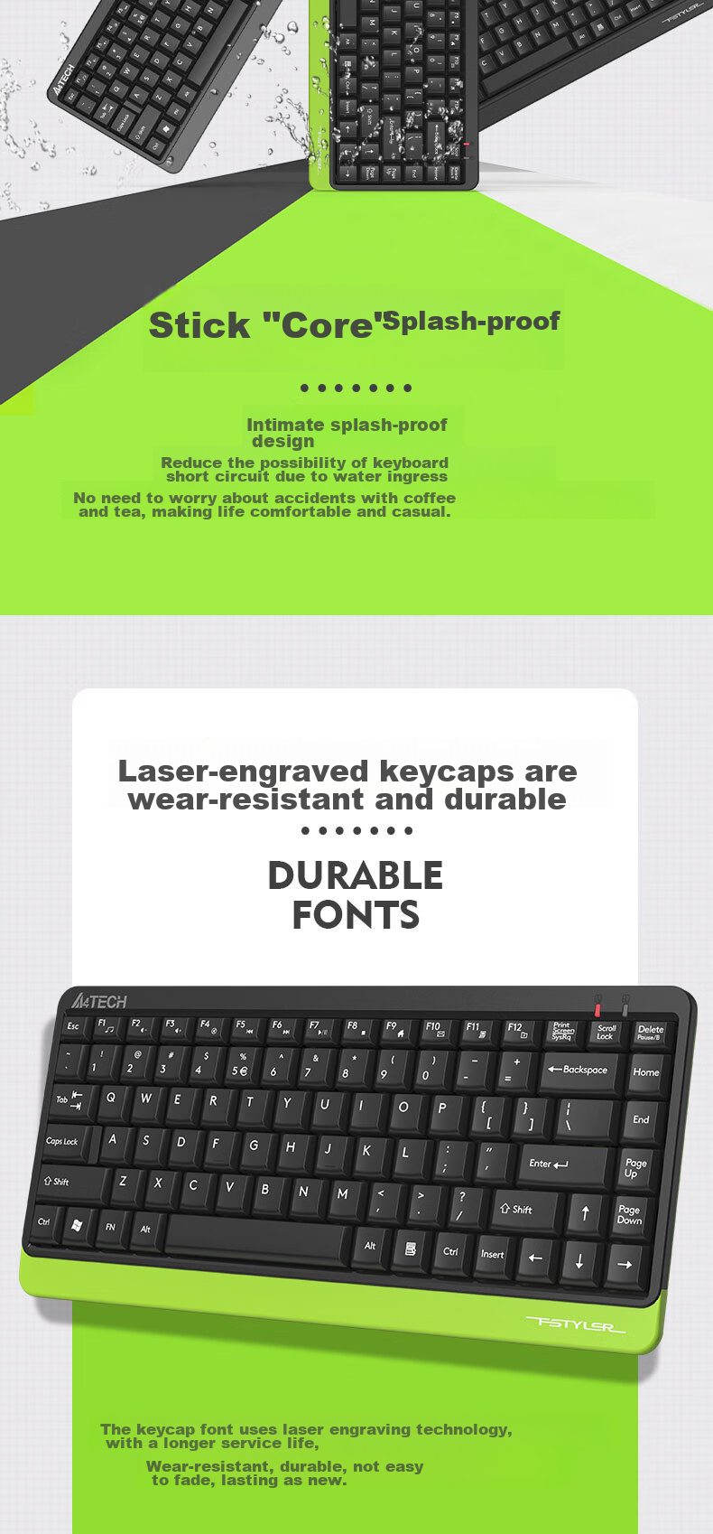 A4TECH FG1120 86-Key Wireless Keyboard And Mouse Combo Set Compact Wireless Keyboard And Mouse Set Small Size Portable Fly Era Fluorescent Green Wireless 4