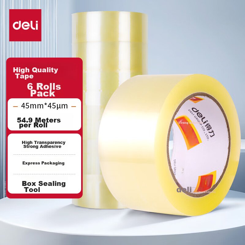 Deli High Transparency Packing Tape Wide Adhesive Tape for Express Delivery, Packaging, Moving, High Quality 45mm*60y (54.9 Meters/roll)*45um 6 Rolls/tube JD150
