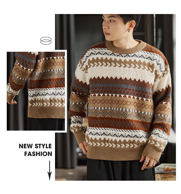TonLion Autumn And Winter Men's Sweater, Jacquard Round Neck Knit Pullover, Japanese Retro Lazy Style Geometric Patter 3