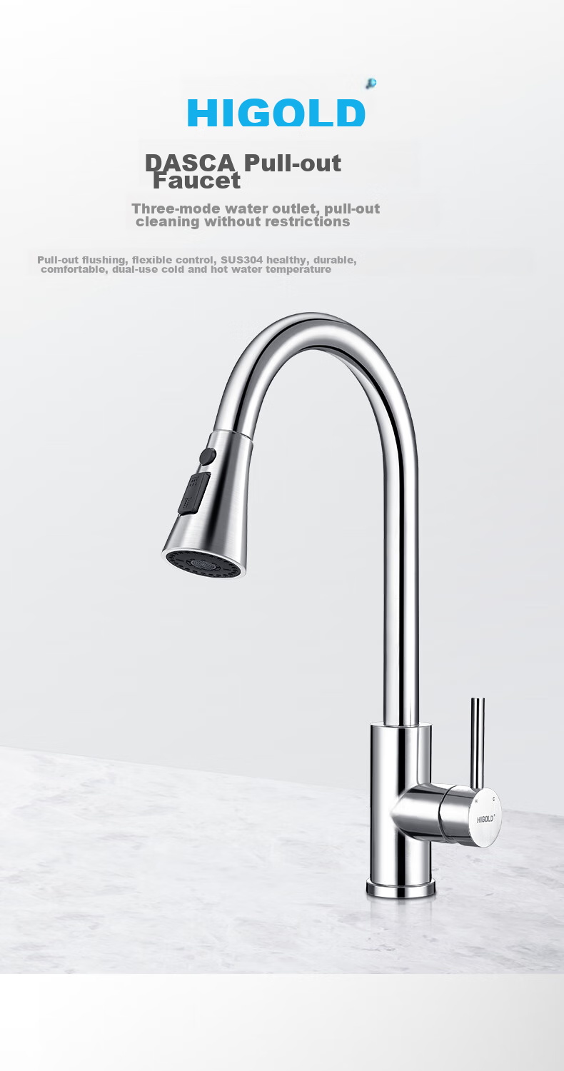 HIGOLD Kitchen Stainless Steel Pull-Out Faucet, Sink Hot And Cold Faucet with Automatic Retraction, Classic Brushed Finish 1