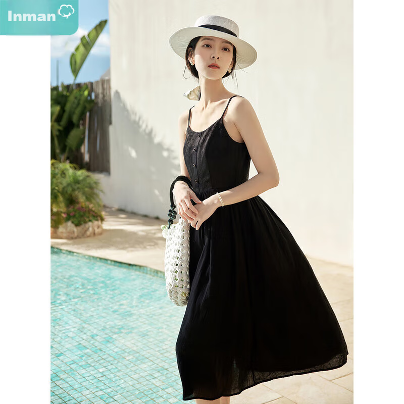 INMAN Summer Jacquard Texture Women's Solid Color Spaghetti Strap Dress, Slimming Versatile Mid-Length Skirt, Black, XL