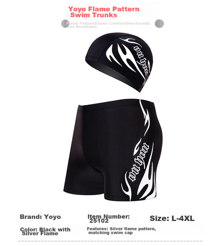 Youyou Swimming Trunks, Goggles, Men's Set, Swim Cap, Five-Piece Flame Set, Z25101, Black with Silver Flame, 3XL Size 2