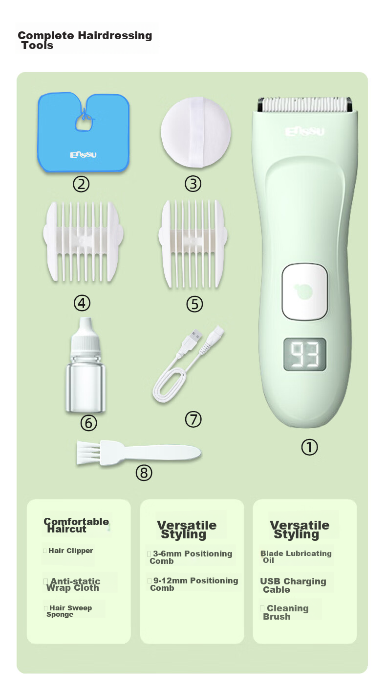 Enssu Baby Hair Clipper, Digital Display Low Noise Quiet Waterproof Children's Hair Trimmer Electric Shaver ES930A 9