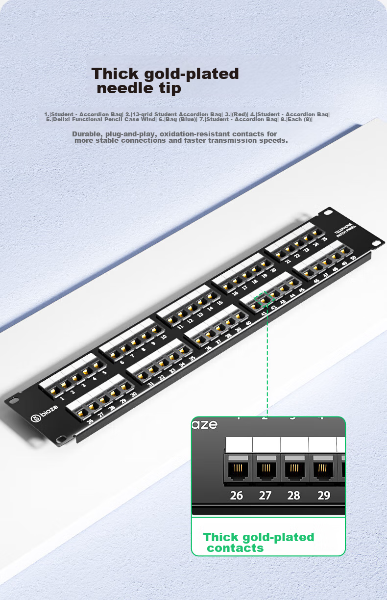 BIAZE 50-Port Telephone Patch Panel, Voice Patch Panel, Engineering-Grade Thickened Gold-Plated RJ11 Telephone Line Crystal Head Direct Plug Patch Panel Rack Module-Type Wire Organizer 4
