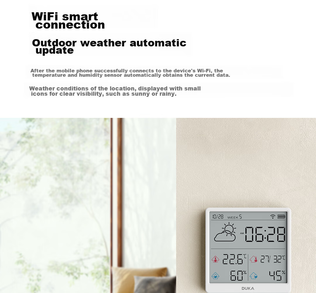 DUKA Indoor Thermometer And Hygrometer with Clock, WiFi Smart Home Digital Display Electronic Clock with Adhesive Stand TH3 Champagne Gold 5
