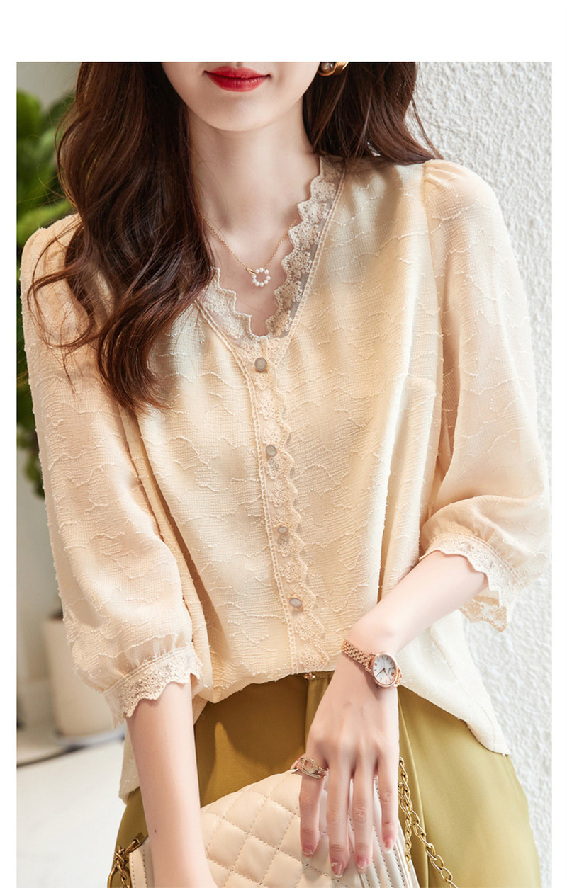 Dme [Long Time No See Series] Summer French Commuter V-Neck Jacquard Blouse, Three-Quarter Sleeve Lace Shirt, Women's Top 11