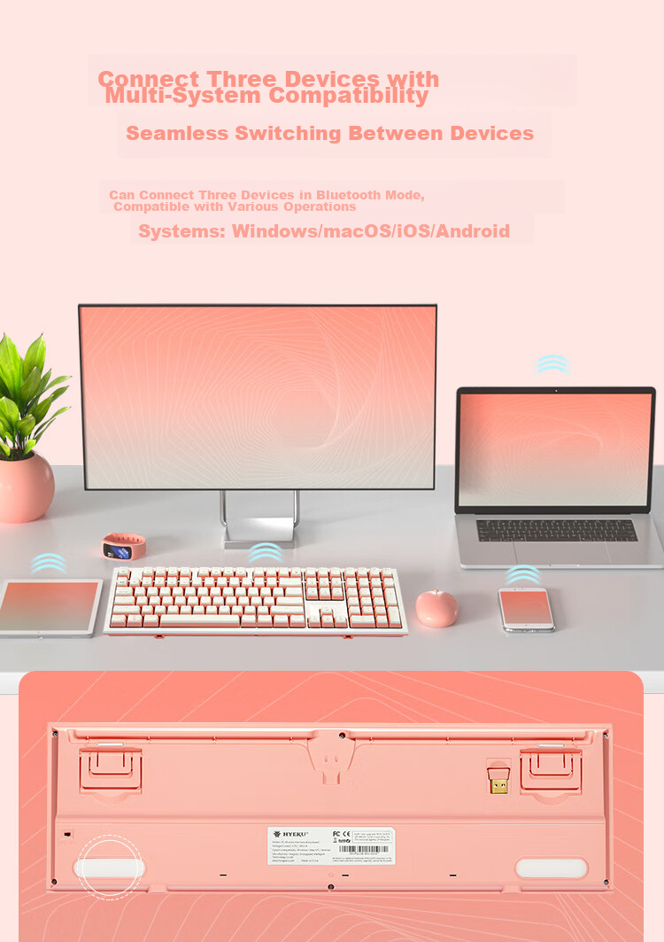 Hyeku X5Pro Wireless Bluetooth Wired Tri-Mode Keyboard with 108 Keys, PBT Keycaps, Peach Bubbles Water, Kaixia BOX Rose Red Switches 19