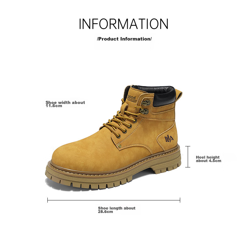 HLA Couple Boots, Yellow Boots for Men, Comfortable Thick-Soled Martin Boots, Men's Style T249, Earth Yellow Color, Size 42 5