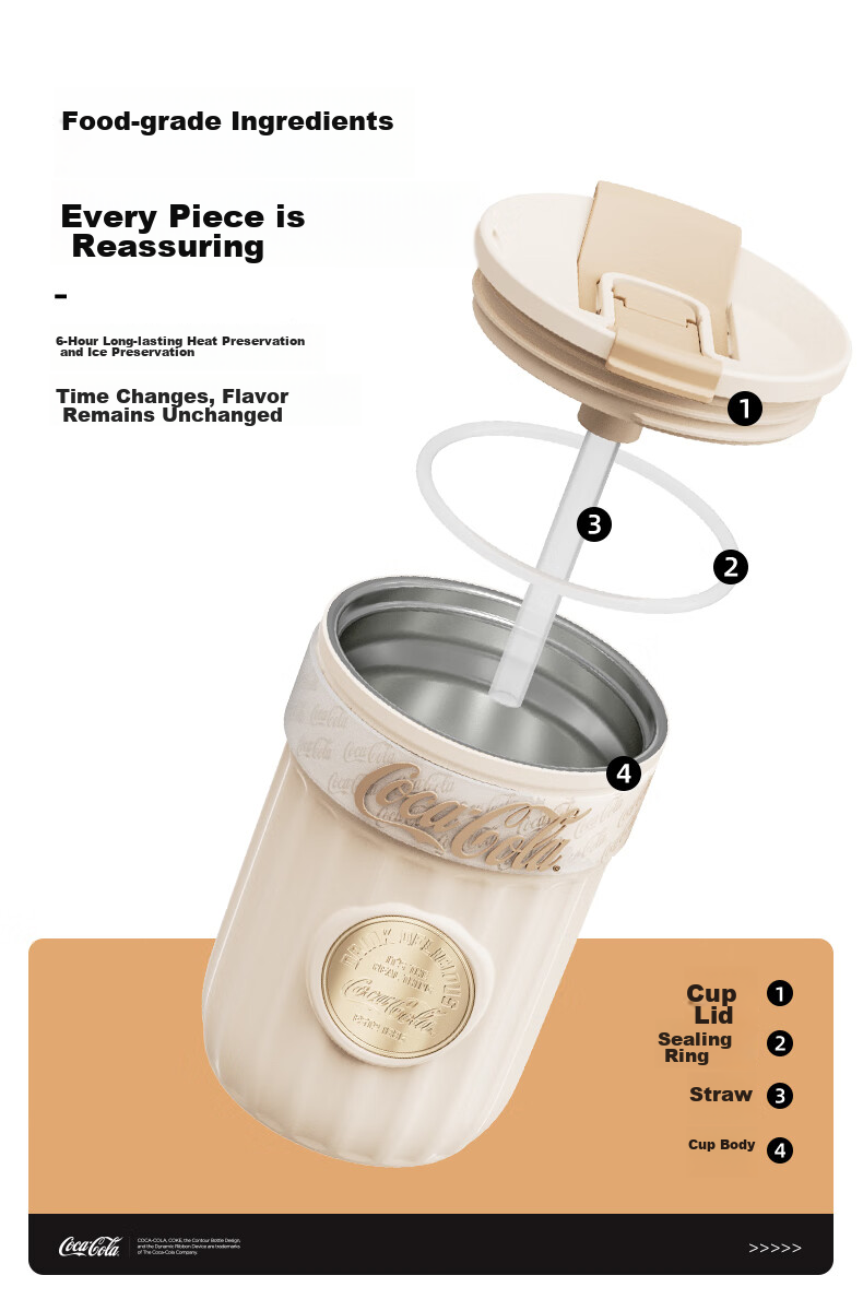 Germ Coca-Cola Dual-Use Insulated Cup with Straw, Water Bottle, Coffee Mug, Large Capacity Student Cup, 400ML, Snow White 13