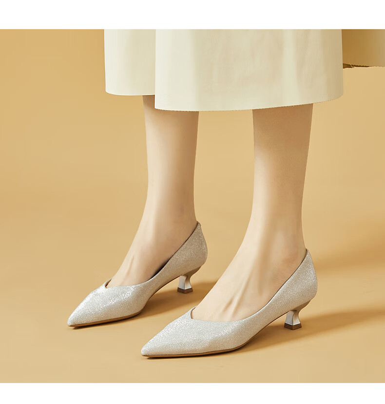 DAPHNE Champagne Silver Wedding Shoes for Women, Pointed Toe Stiletto Elegant Low-Cut Women's Pumps 4623101027 Champagne Color Size 38 11