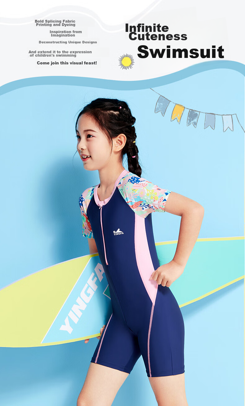 YINGFA Children's Swimsuit, Girls' One-Piece Swimwear for Big, Medium And Small Kids, Comfortable Quick-Dry Short Sleeve Swimsuit with Boyshorts, Suitable for Students, Hot Springs, Surfing And Swimming 1