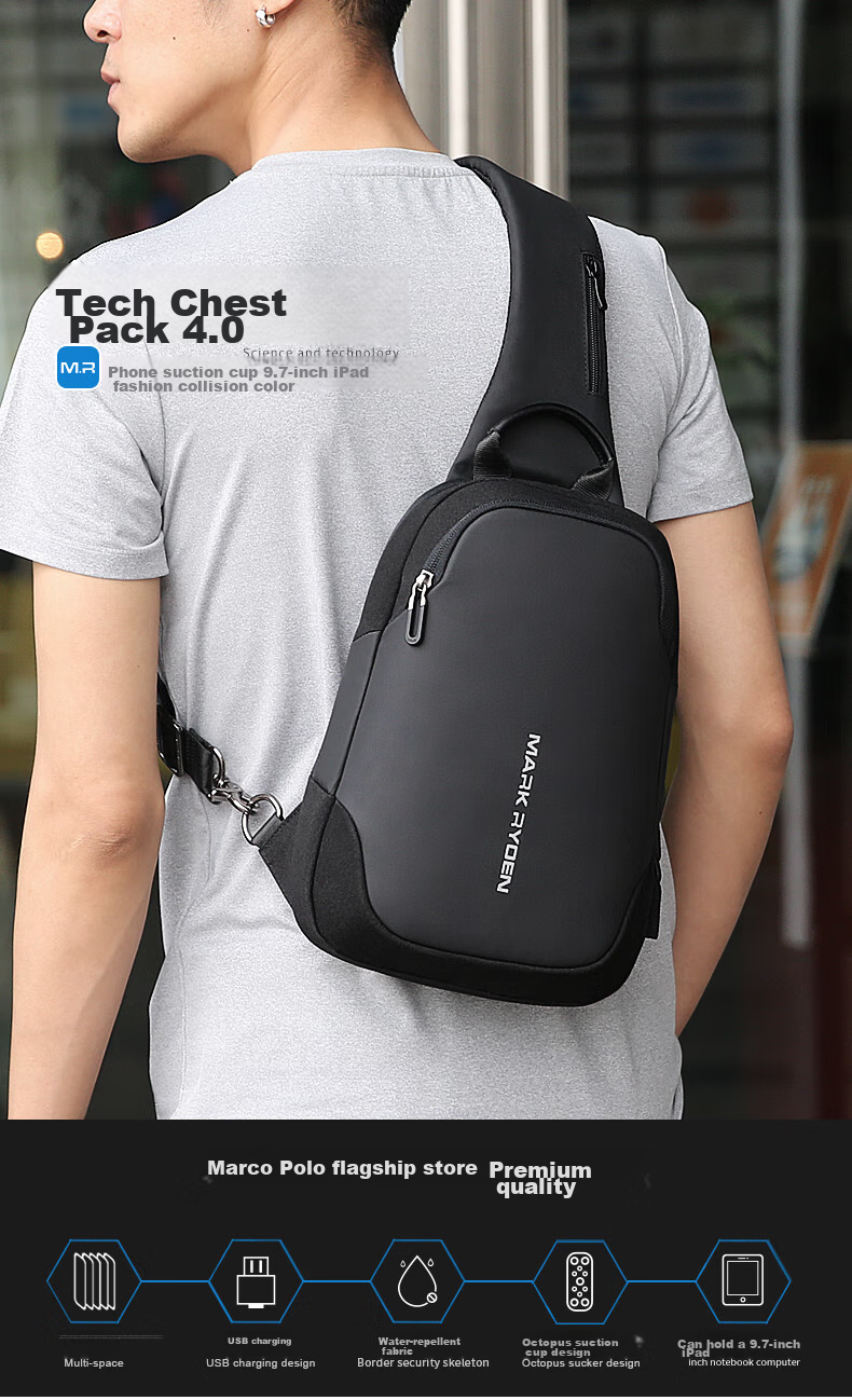 MARK RYDEN Chest Bag, Men's Crossbody Bag, Sports Trendy Shoulder Bag, Small Backpack, 9.7-Inch IPad Bag, MR7056, Elegant Black 1