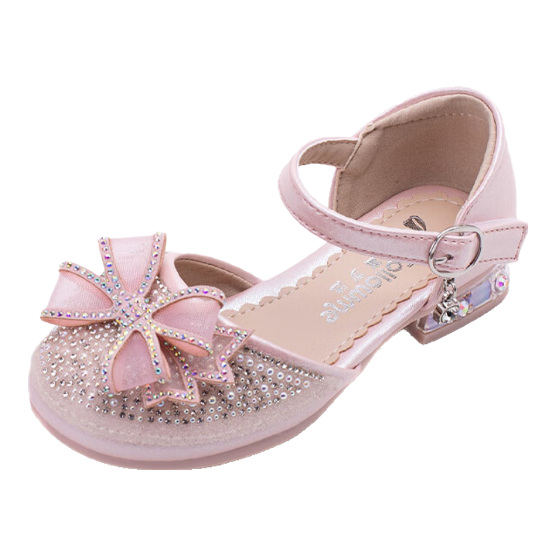 Follow Me Girls' Sweet Bow Rhinestone Princess Shoes, Fashionable Soft-Soled Crystal Shoes, Flats, Pearl Pink, Size 35