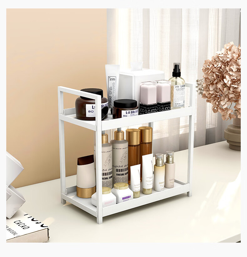 Ourunzhe Desktop Storage Rack, Skincare And Cosmetics Organizer, Dormitory Bedroom Dressing Table Small Shelf, White Double-Layer 9