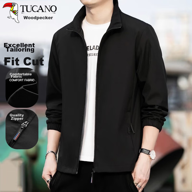 TUCANO Men's Jacket, Business Casual Solid Color Stand Collar, Fashionable Trendy Outerwear for Young And Middle-Aged Men, Black, Size M