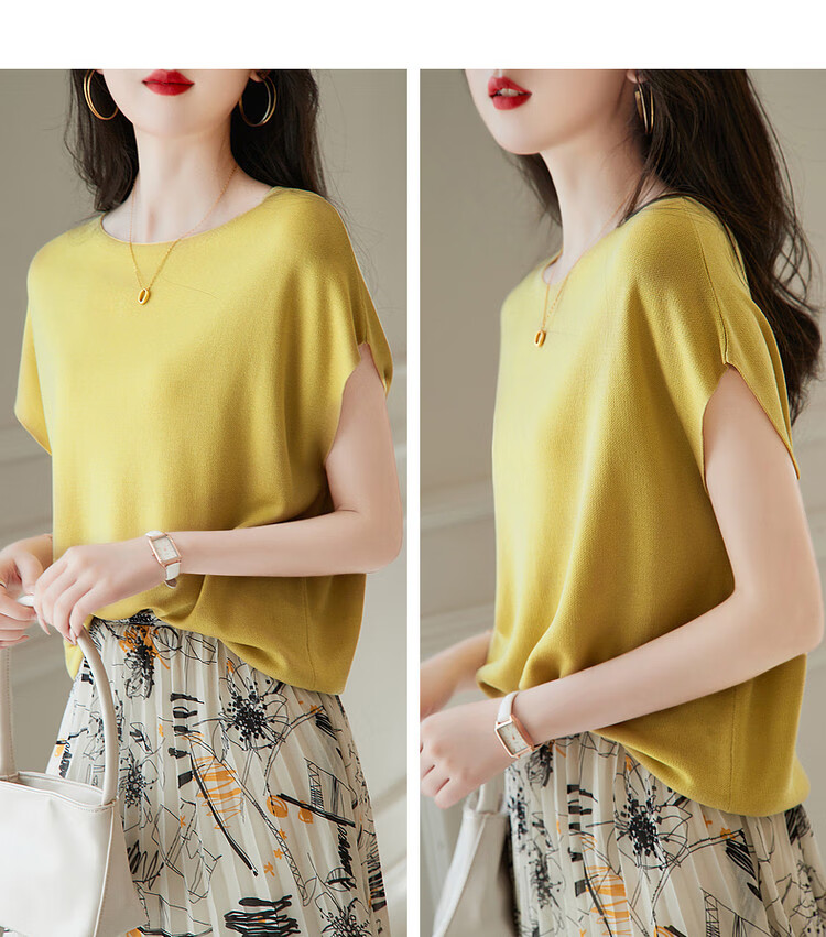 Dme [One-Word Collar Knit Top], Summer Elegant Batwing Sleeve Short-Sleeve Knit Sweater, Women's Blouse 13