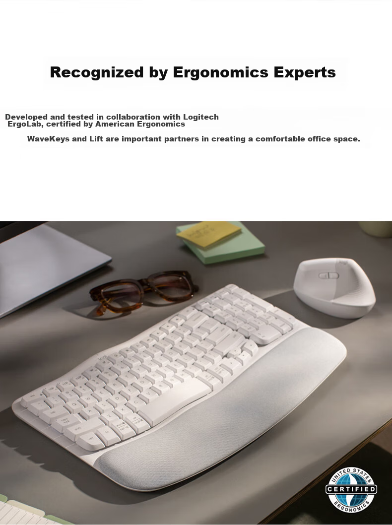Logitech Wave Keyboard, Ergonomic Keyboard, Office Keyboard, Wireless Blue Keyboard with Soft Palm Rest, Connects to 3 Devices, White, 99 Keys 7