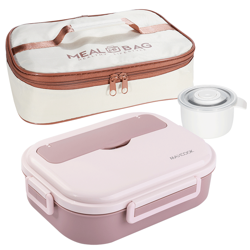 MAXCOOK 316L Stainless Steel Lunch Box with Extra Large 4 Compartments for Students, Meal Tray 1.6L with Utensils And Bag Pink MCFT6462