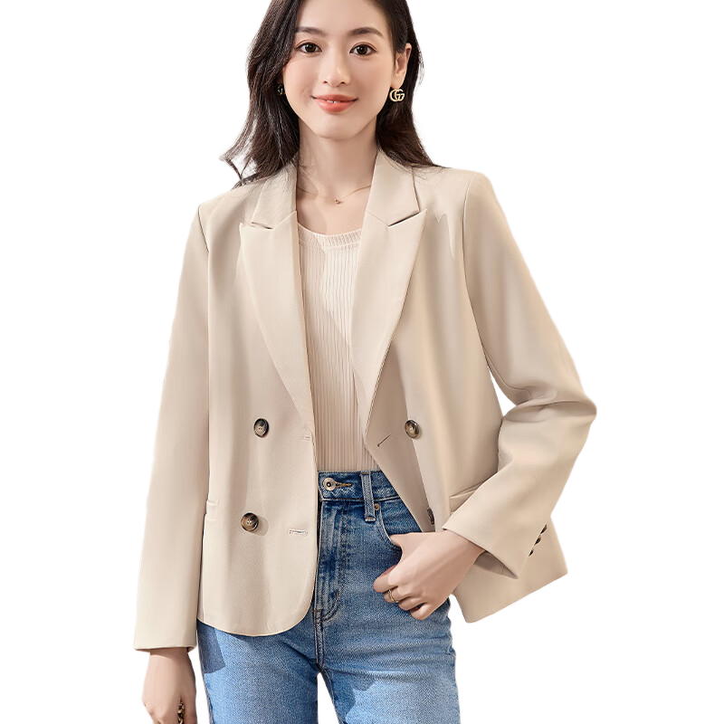 Chushen Short Blazer for Women, Versatile Double-Breasted Suit Jacket, Petite Short Coat Top S13JF4532 Size L