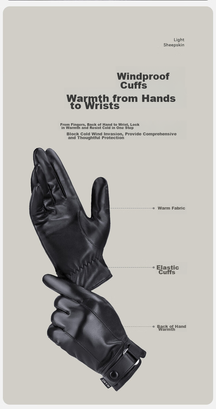 HLA Men's Winter Leather Gloves with Fleece Lining, Touchscreen Compatible, Warm, for Cycling, Motorcycle Riding, Driving, Windproof, Outdoor Skiing 5