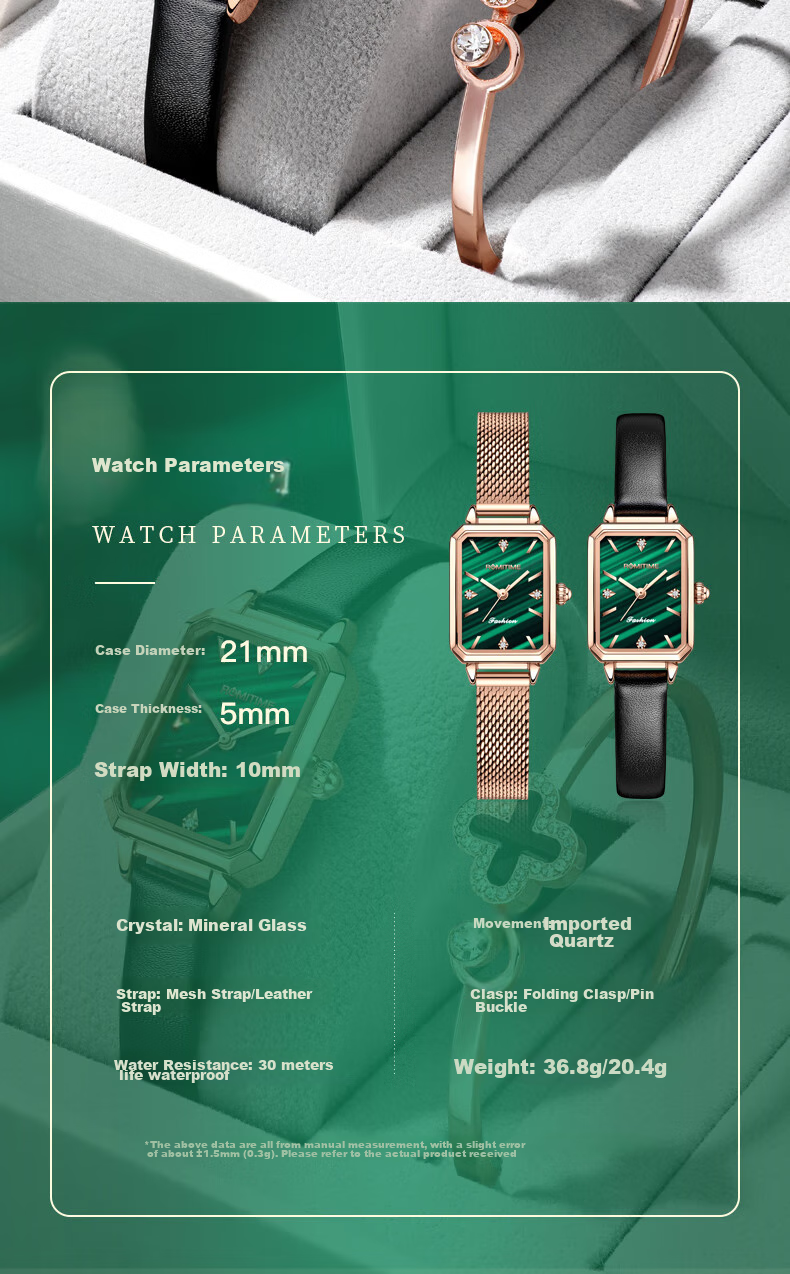 ROMITIME Women's Quartz Watch, Fashionable Elegant Light Luxury Retro Small Green Square Watch, Versatile Student Trendy Wristwatch 15