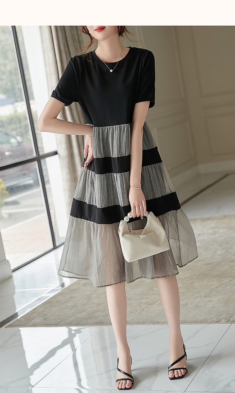 Dme [Sophisticated Sister Dress] Summer Commute Round Neck Roman Cotton Petite Umbrella Skirt Knitted Dress Women's Mid-Length 13