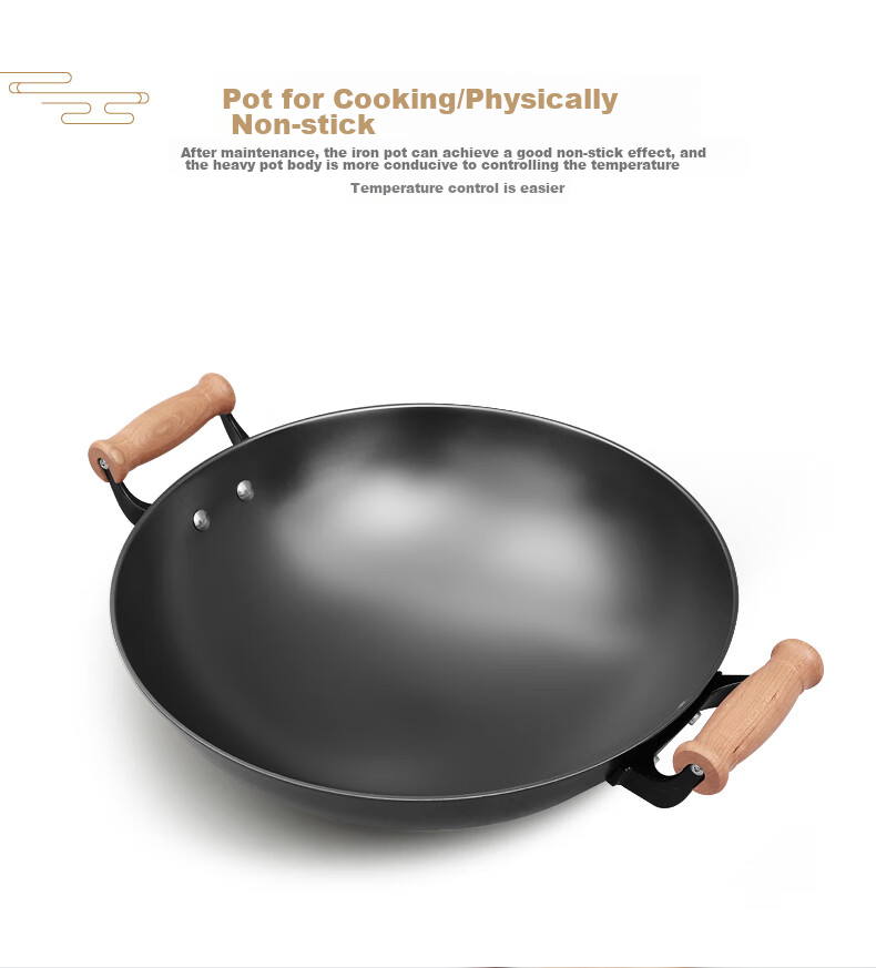 Dianjiang Cast Iron Wok, Uncoated Iron Pan, Enlarged Double-Handled Round Bottom Frying Pan, Gas Stove Cooking Pan, Deepened to 38cm 10