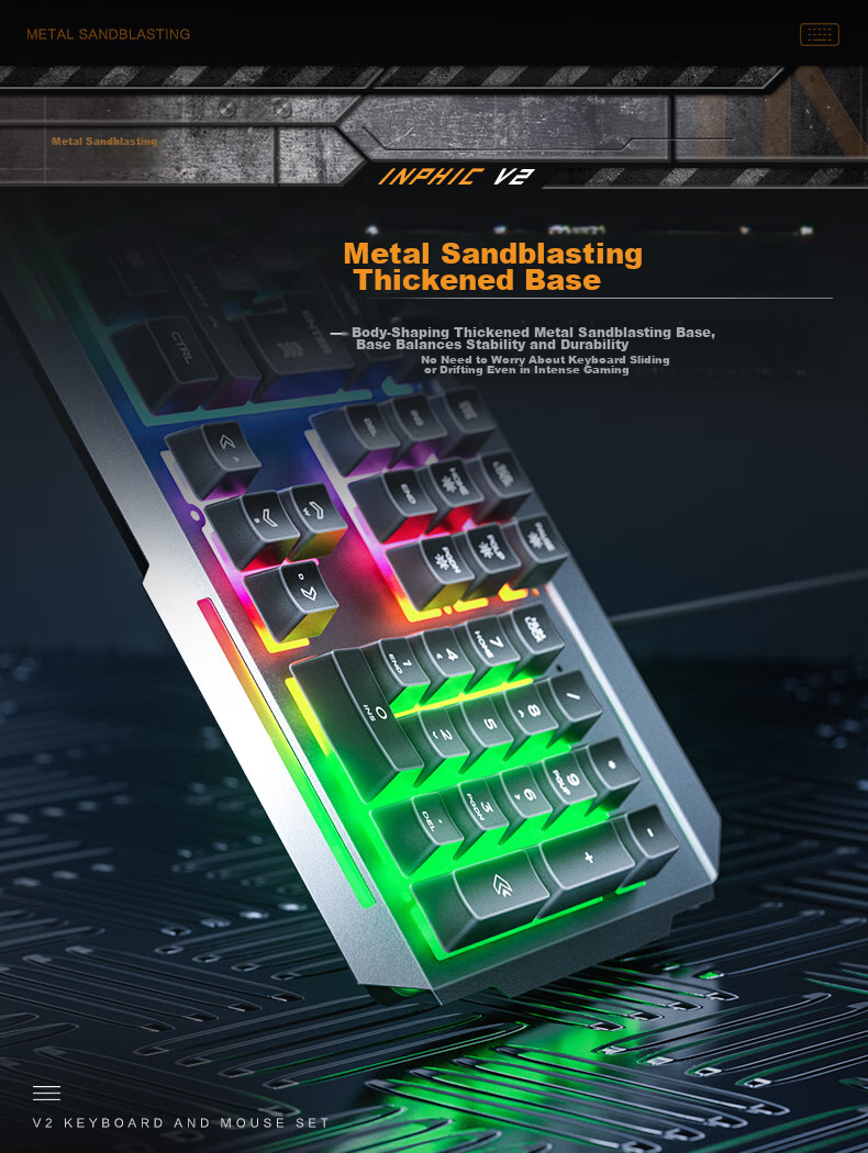 INPHIC K2 Gaming Keyboard Wired Office 104-Key Computer Desktop USB External Backlit Metal Panel 26-Key Anti-Ghosting Metal Gray 6