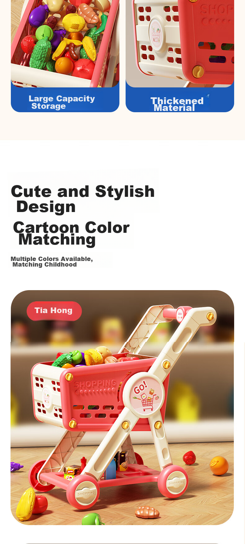 Dimoarch Shopping Cart Toy, Children's Pretend Play Storage, Realistic Fun Pushcart Simulation, Supermarket Vegetable And Fruit Set, 30 Pieces 15