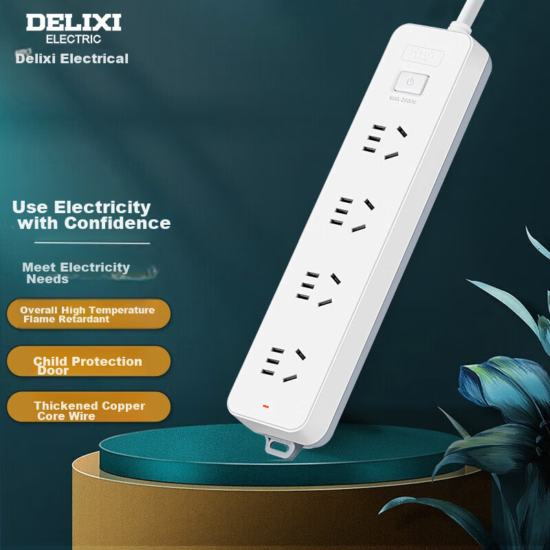 DELIXI 3C Certified National Standard Socket/power Strip/extension Cord/outlet Strip/power Bar 4-Outlet with Master Switch, 3 Meters