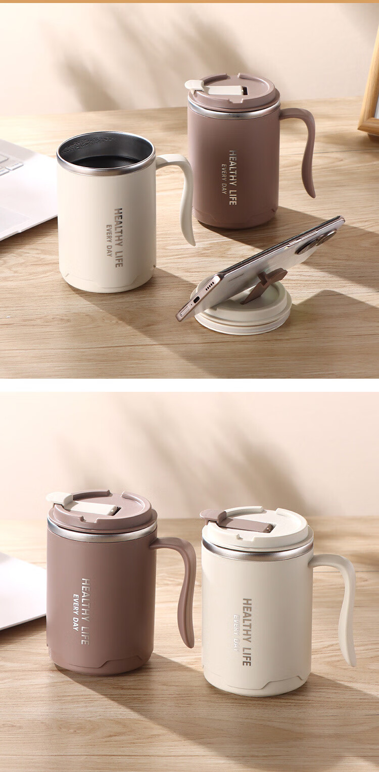 PINYU 304 Stainless Steel Double-Layer Insulated Coffee Mug with Lid, Beige, Home and Office Use 12
