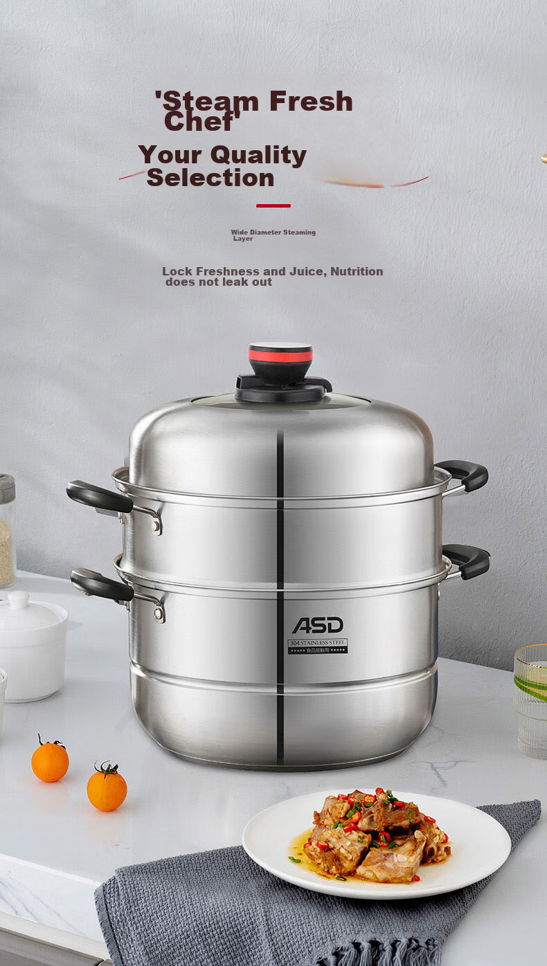 ASD Steamer Pot, Three Layers, 30CM Thickened Base, High-Arch Lid, Large Capacity Fish Steaming Pot, ZS30A5WG 12