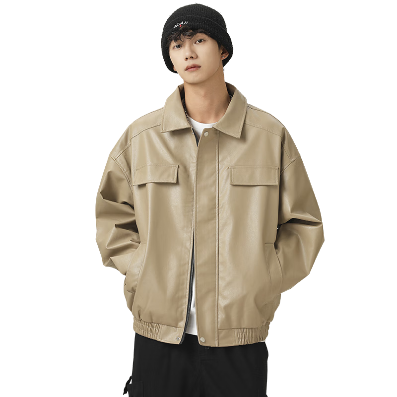 MMOPTOP Trendy American Crocodile Pattern PU Leather Jacket for Men, Spring And Autumn Lapel Motorcycle Jacket YH26 Khaki M