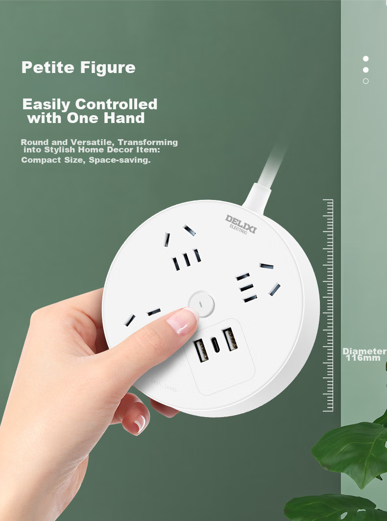 DELIXI Socket/power Strip/extension Cord/strip Board/power Bar, Round Socket with 4 Outlets And Master Switch, Total Length 3 Meters with Master Switch 3