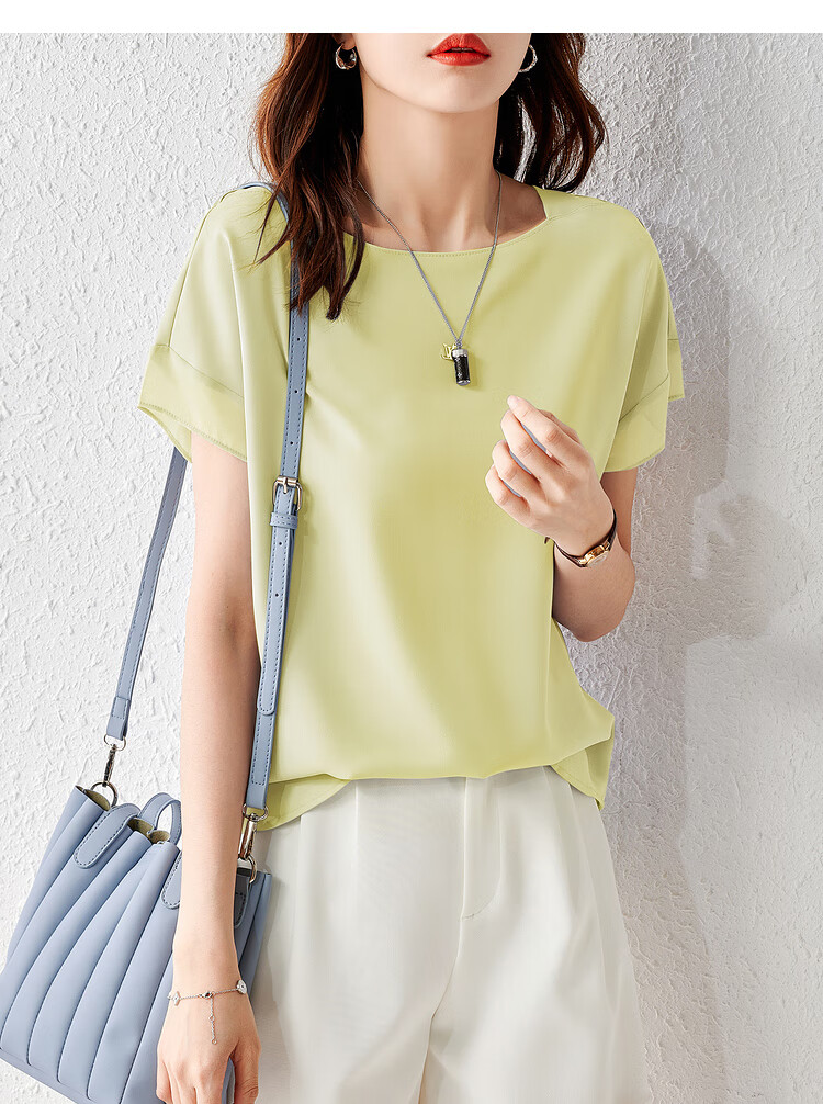 Sentubila Spliced Short-Sleeve Chiffon Blouse for Women, Slimming Tummy-Covering Top, Summer Lightweight Casual T-Shirt, Light Blue, S 31