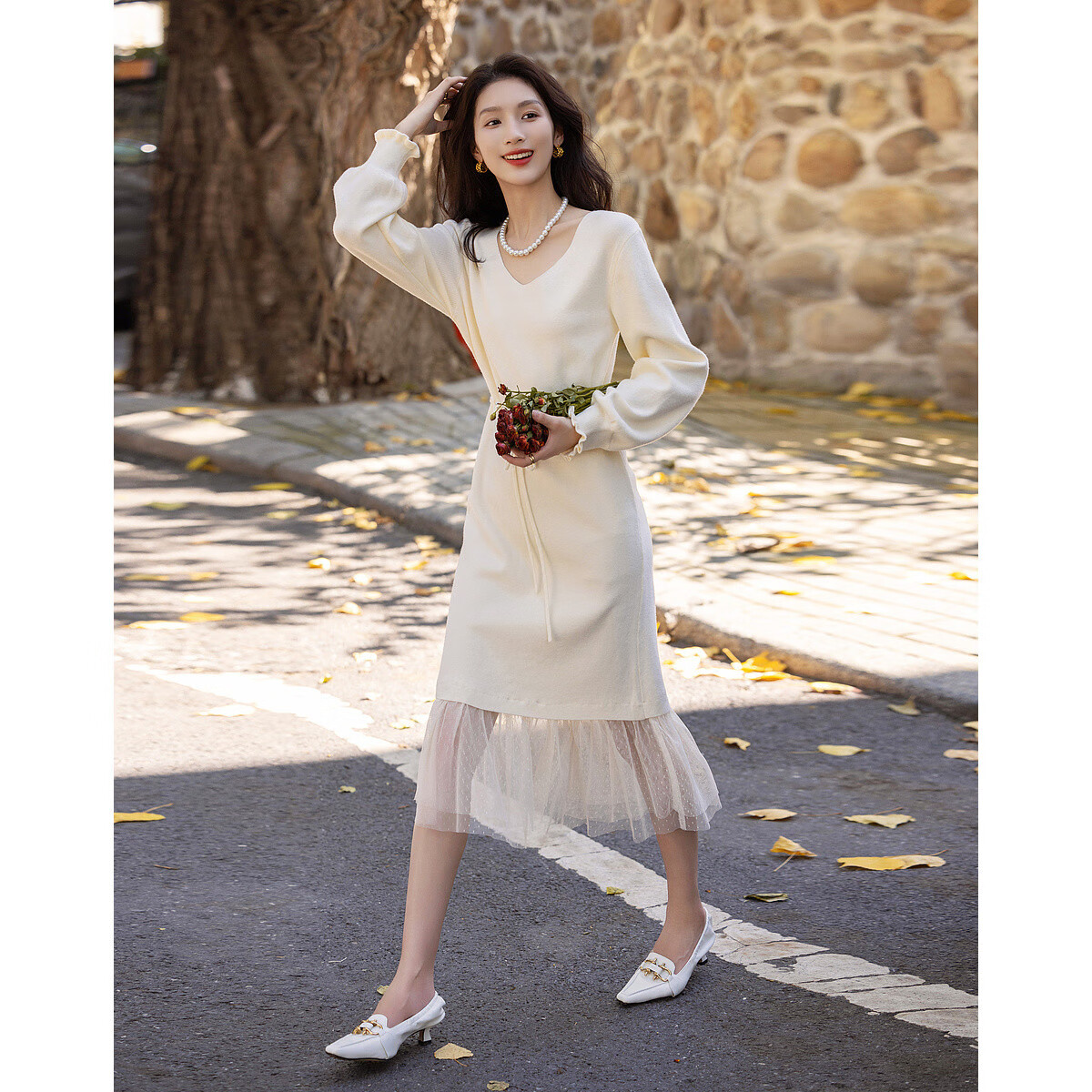 Dme [Retro Sweet Lady] Spring And Autumn Gentle Style Faux Two-Piece Pearl Drawstring Mesh A-Line Dress