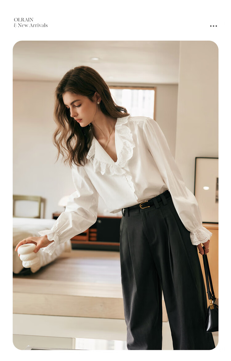 Olrain French Lace Shirt Women Autumn New Elegant Commuter Ruffled Collar Blouse Off-White S 1