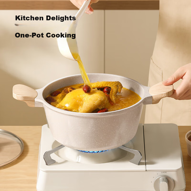 JD Jingzao Soup Pot, White Maifan Stone Non-Stick Soup Pot for Home Cooking, Suitable for Gas And Induction Stoves, with Steamer Insert, 24cm