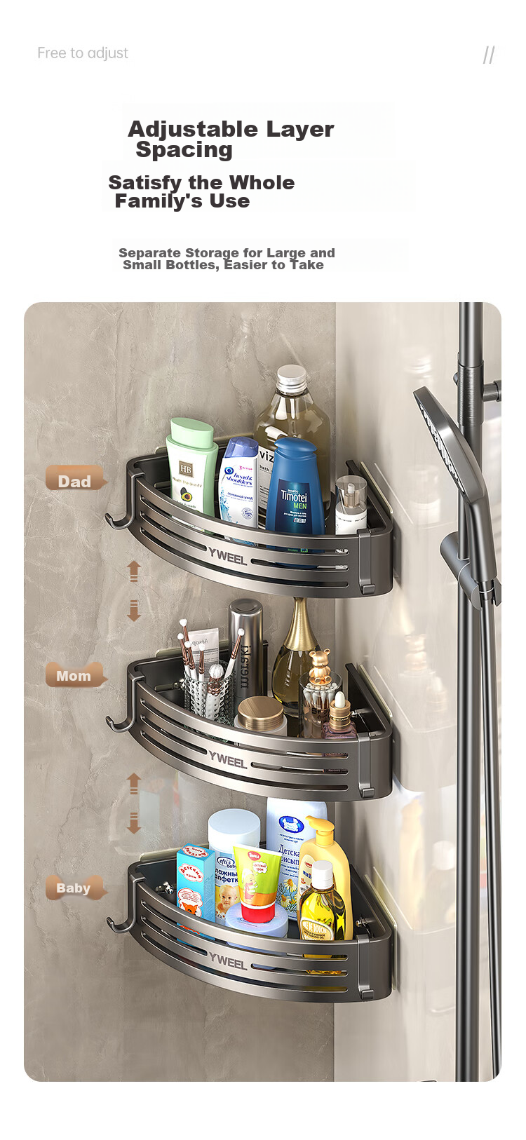 Yweel Space Aluminum Bathroom Corner Basket, No Drilling Required, Bathroom Storage Rack, Home Shower Room Shampoo Holder, 997573 10