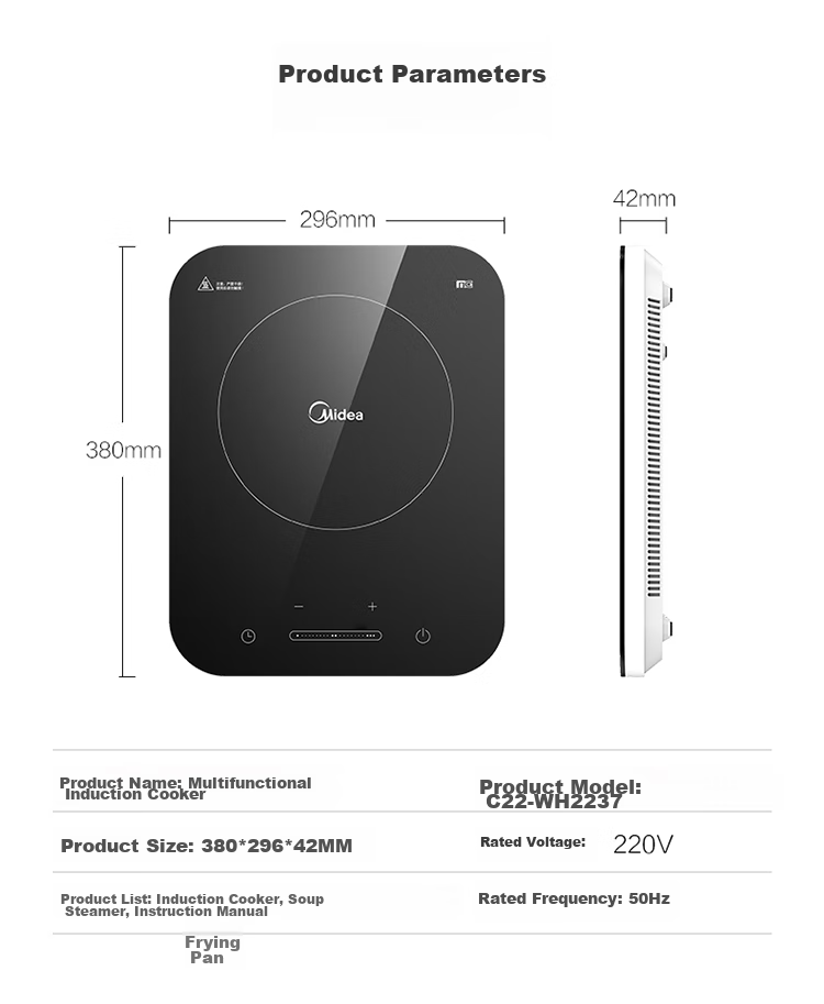 Midea Induction Cooker Ceramic Cooktop, High-Power Household 2200W, Constant Even Heat Technology, Smart Timer, Hot Pot And Stir-Fry Set with Microcrystalline Panel C22-WH2237 22
